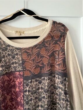 Democracy Patchwork Floral Knit Top in Cream, Rust, Charcoal